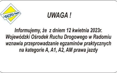 Wznowienie egzaminów kat. A, A1, A2, AM