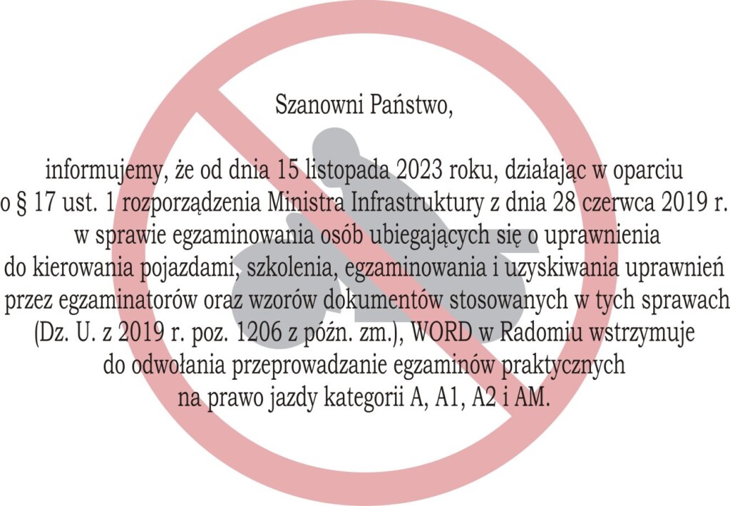 wsztrzymanie egzaminów praktycznych na kategorię A, A1, A2, AM